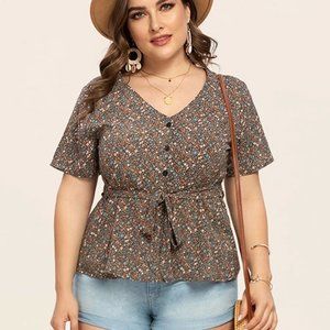 Plus Floral Belted Blouse